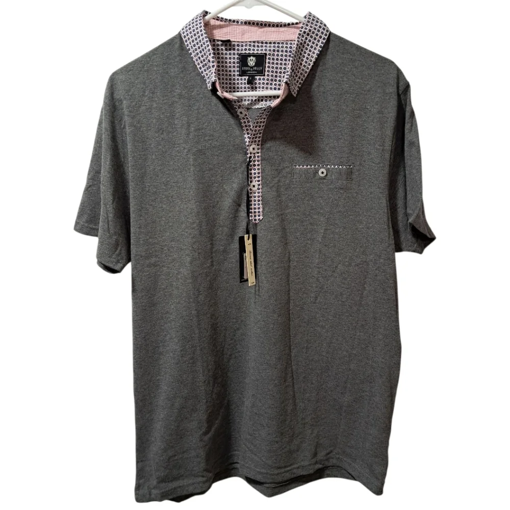 Steel & Jelly London Mens Gray Polo Shirt Geometric Contrast Trim Size L NWT